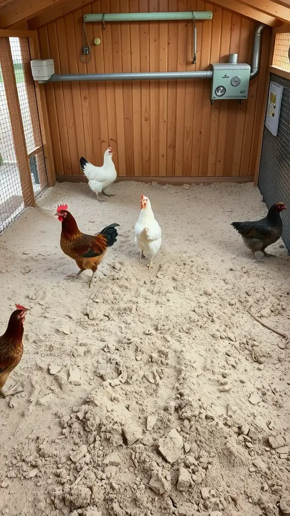 Chickens enjoying a dust bath in a clean, sandy area inside a chicken run.