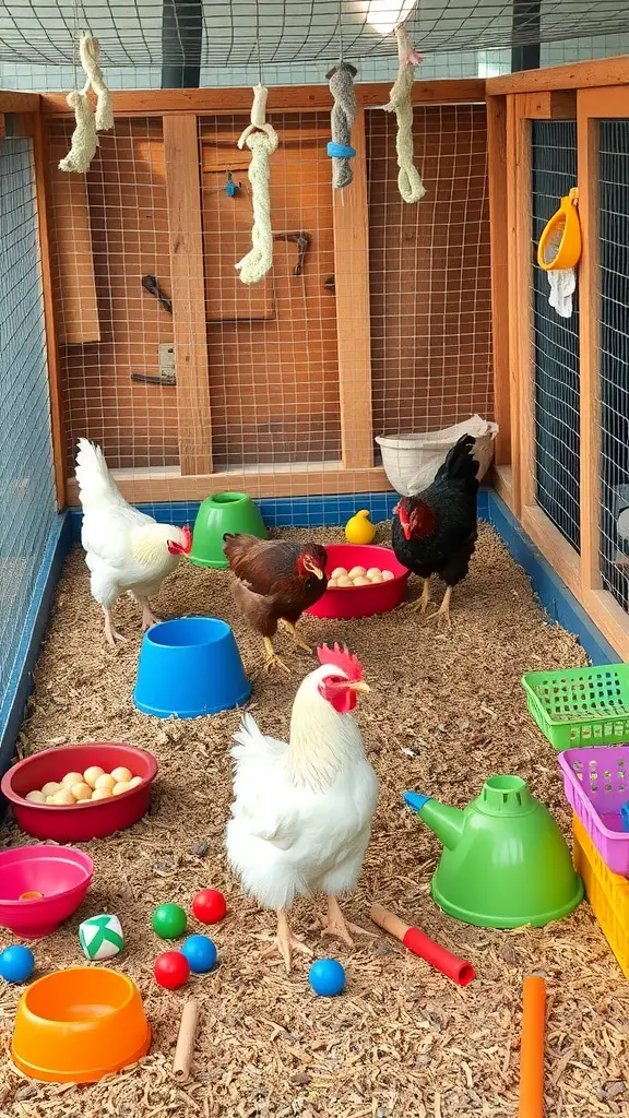 A colorful chicken run with various toys and feeding bowls for chickens.