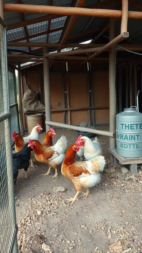 Chickens in a backyard setting near a simple feeding station
