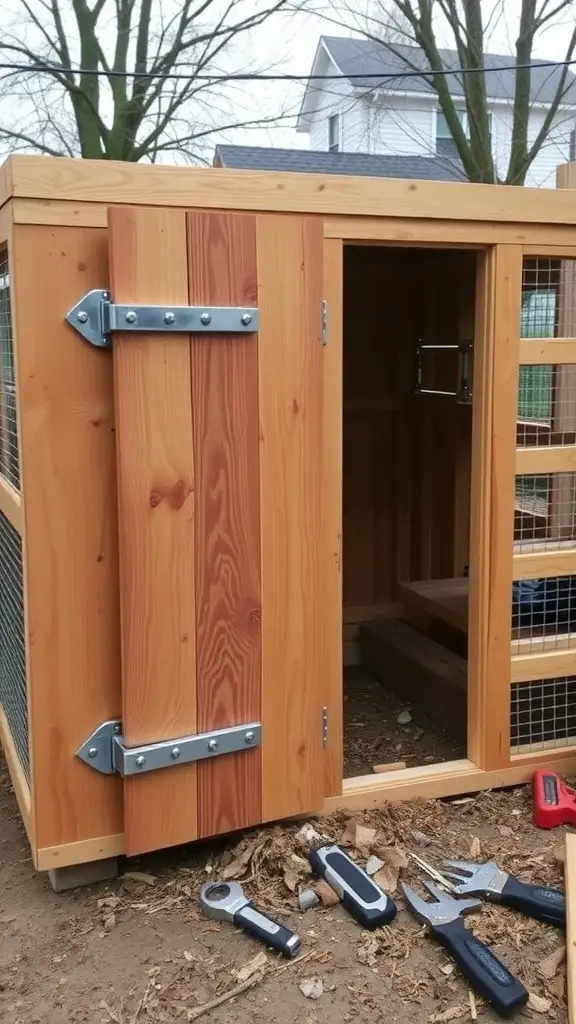A simple wooden entrance door with metal hinges, leading into a chicken run, with tools lying on the ground.