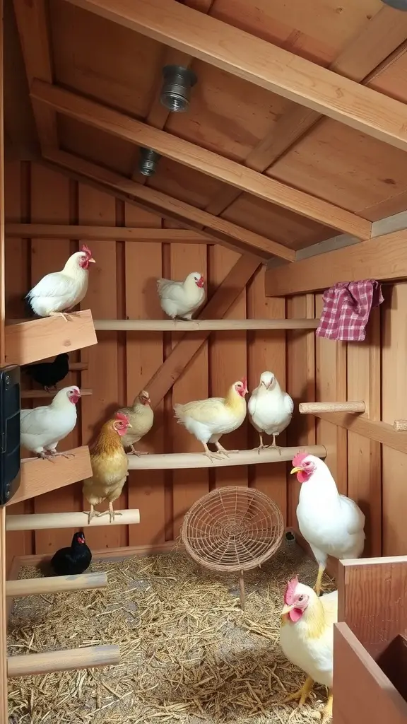 Chickens perched on wooden bars in a cozy chicken coop