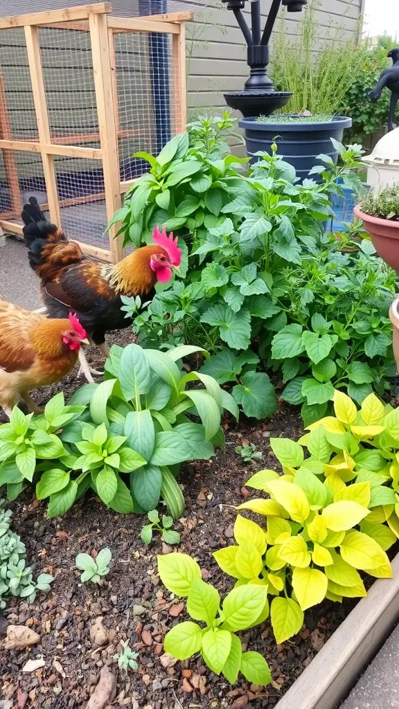 Chickens exploring a garden with various plants and a chicken coop.