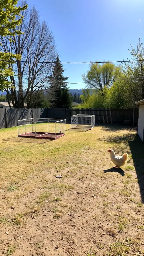An open yard with two chicken runs and a chicken walking around.