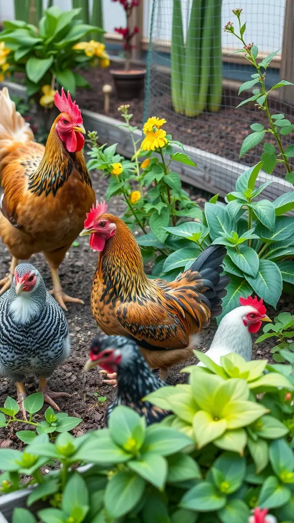 Chickens roaming in a vibrant garden with flowers and plants