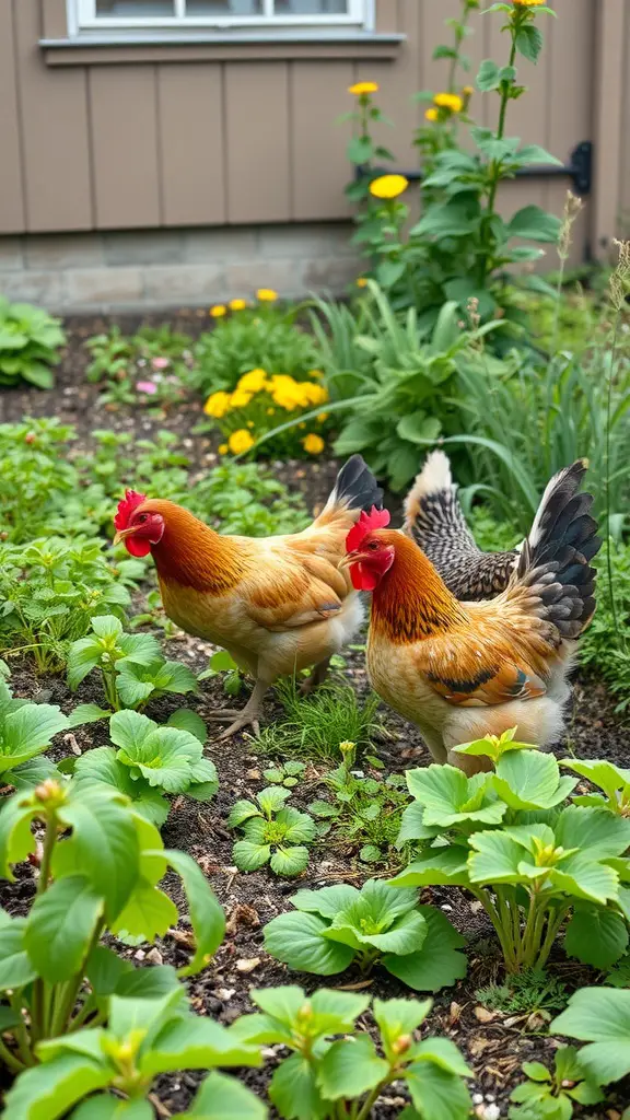 Two chickens walking among green plants and flowers in a garden