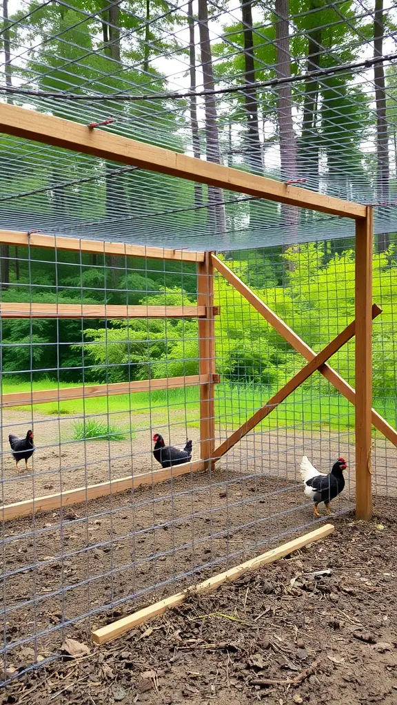 A chicken run with a secure roof made of chicken wire and wooden frame, showing chickens inside.