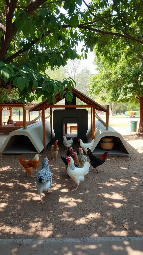 Chickens in a shaded area near a well-structured coop surrounded by trees.