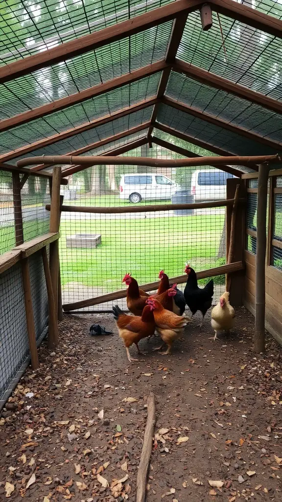 A chicken run with a sloped roof and mesh walls, featuring several chickens inside.