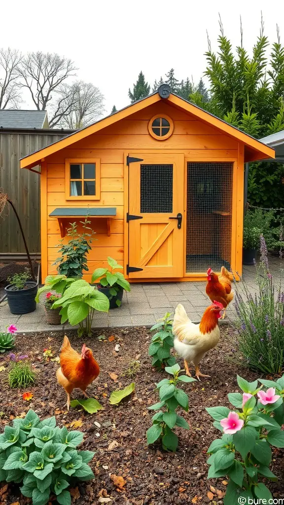 A vibrant orange chicken coop surrounded by colorful flowers and chickens in a garden