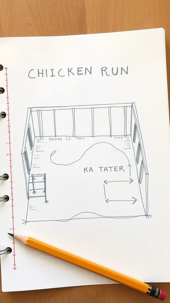 A sketch of a simple chicken run layout with labeled sections.