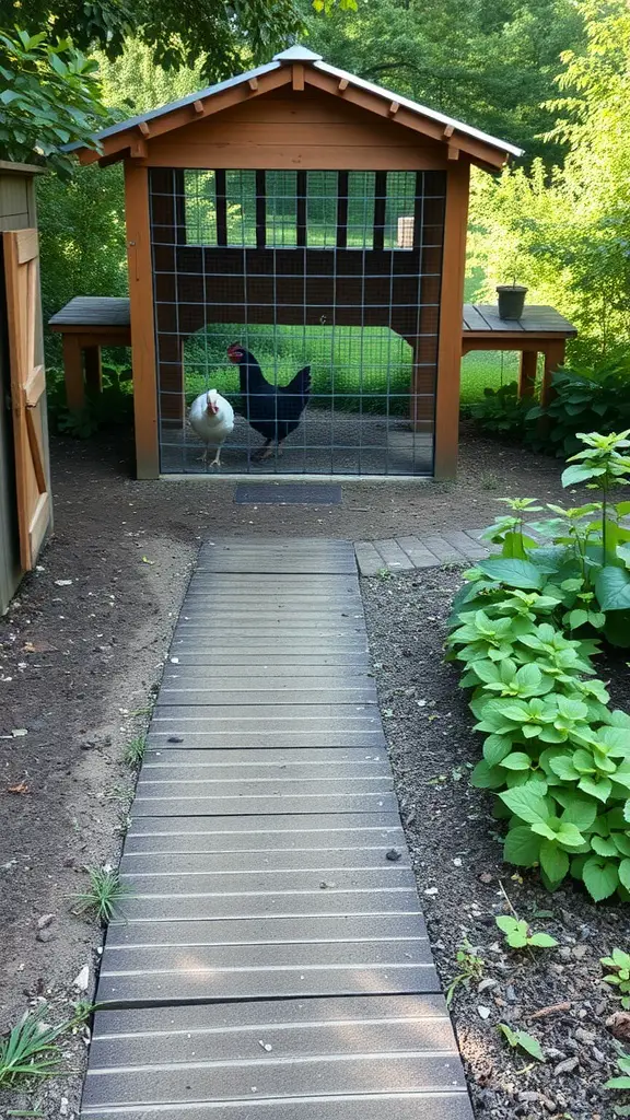 A wooden chicken coop with a clear pathway leading to a garden filled with green plants.