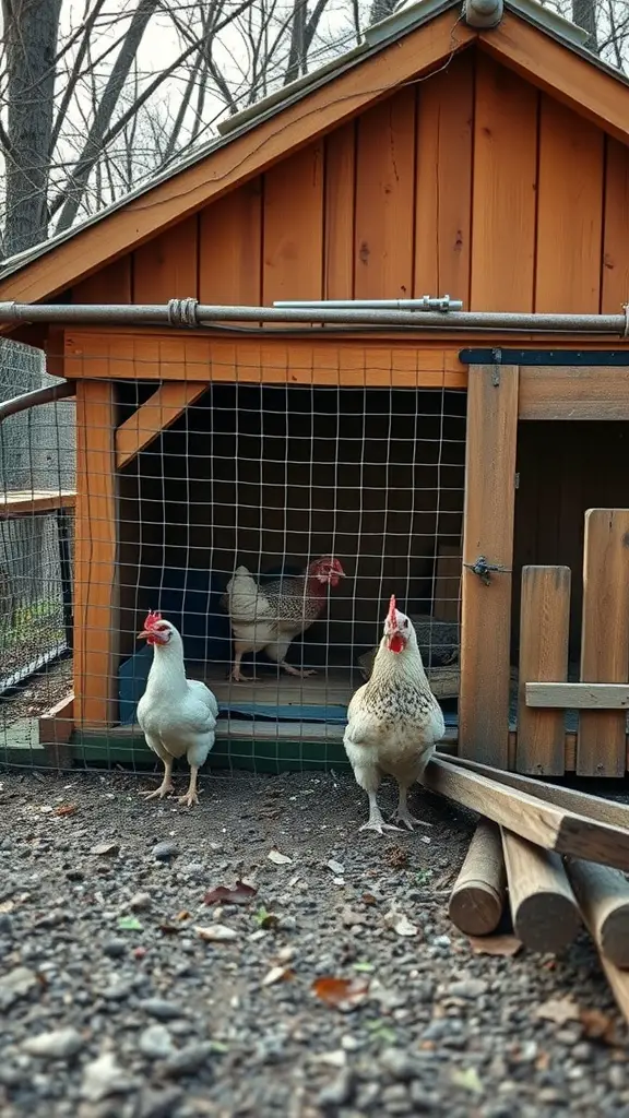 A wooden chicken coop with a fenced area, featuring chickens in and around it.
