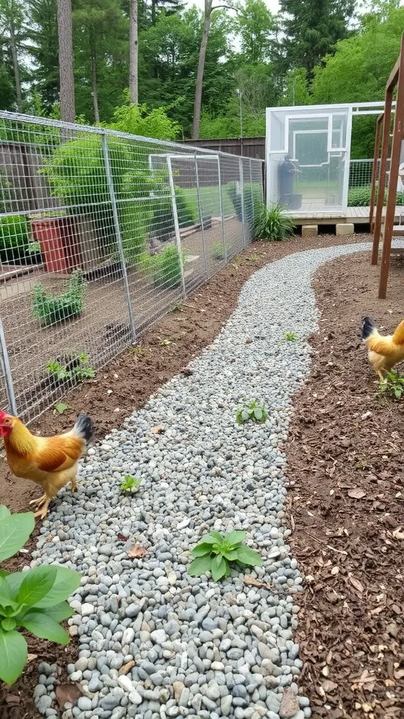 A gravel path framed with wood, leading to a building with a sign about chicken runs.