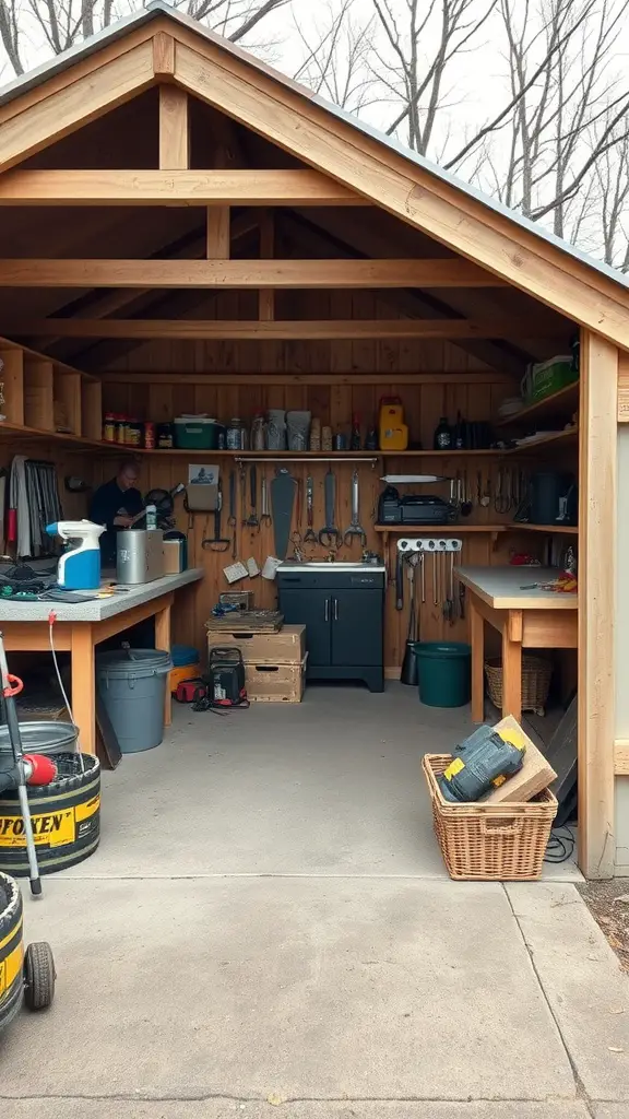 A well-organized workshop with tools on the wall and worktables on both sides.