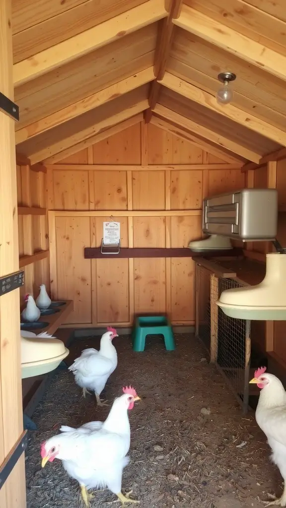 Interior view of a wooden chicken coop with chickens, nesting boxes, and perches.