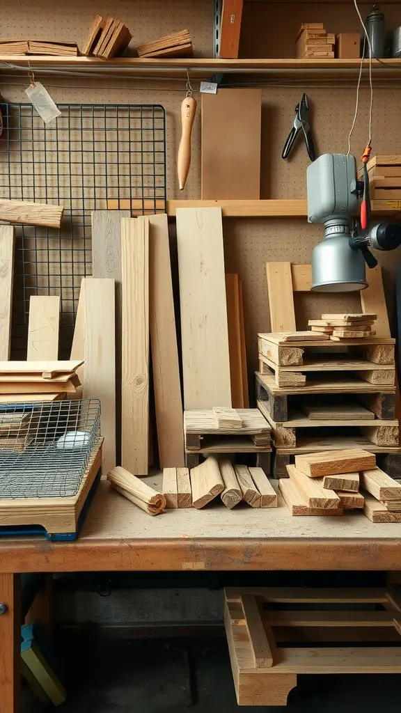 A variety of wooden materials and tools organized on a workbench, ideal for building a chicken run.