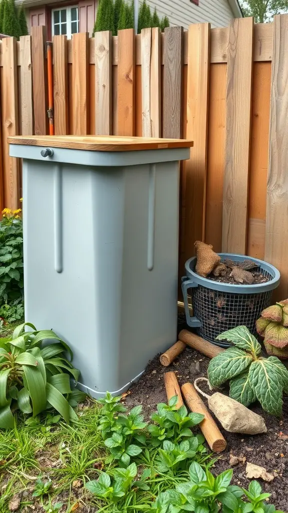 A gray compost bin with a wooden lid next to a basket of compost and leafy plants in a garden.