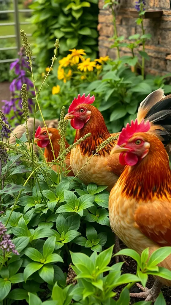 Chickens exploring a lush garden with vibrant flowers and greenery.