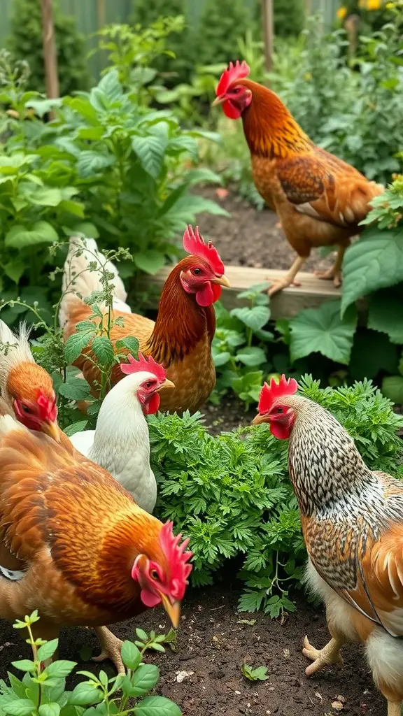 Chickens exploring a lush garden filled with various plants and herbs.