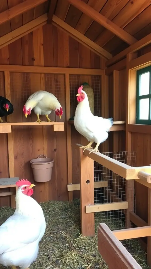 Chickens in a wooden coop with a perch