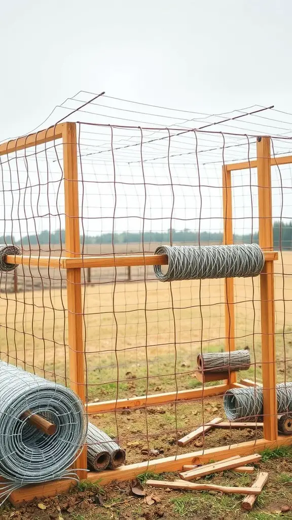 Image of a partially constructed chicken run with rolls of wire fencing and a wooden frame.