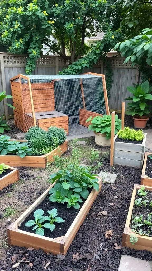 A chicken coop next to raised garden beds filled with various plants.