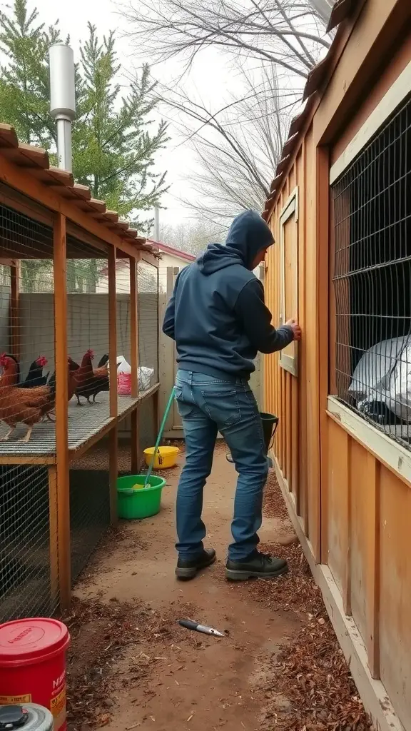 A person maintaining a chicken run with chickens visible in the background.