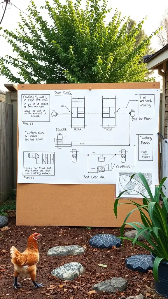 A detailed plan for a chicken run on a board with a chicken in the foreground.