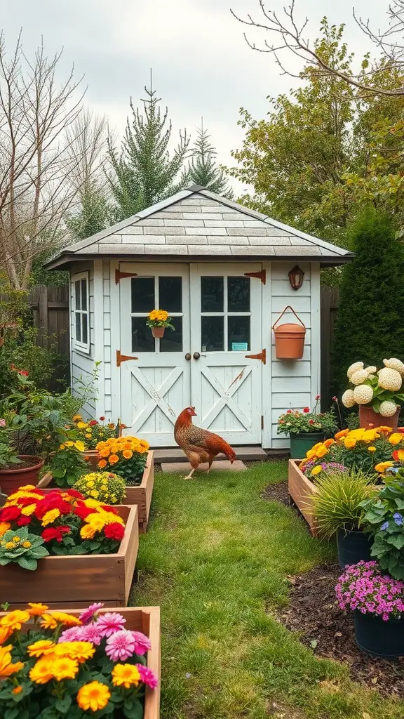A charming garden shed surrounded by colorful flowers, with a chicken walking in front of it.