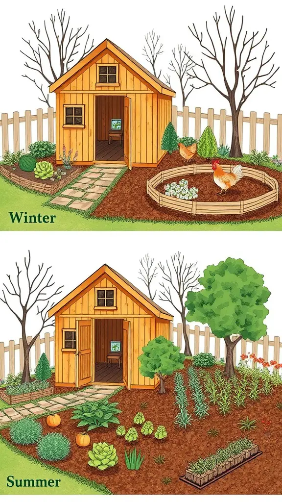 A snowy chicken coop with a garden featuring potted plants, illustrating seasonal care for chickens and gardening.