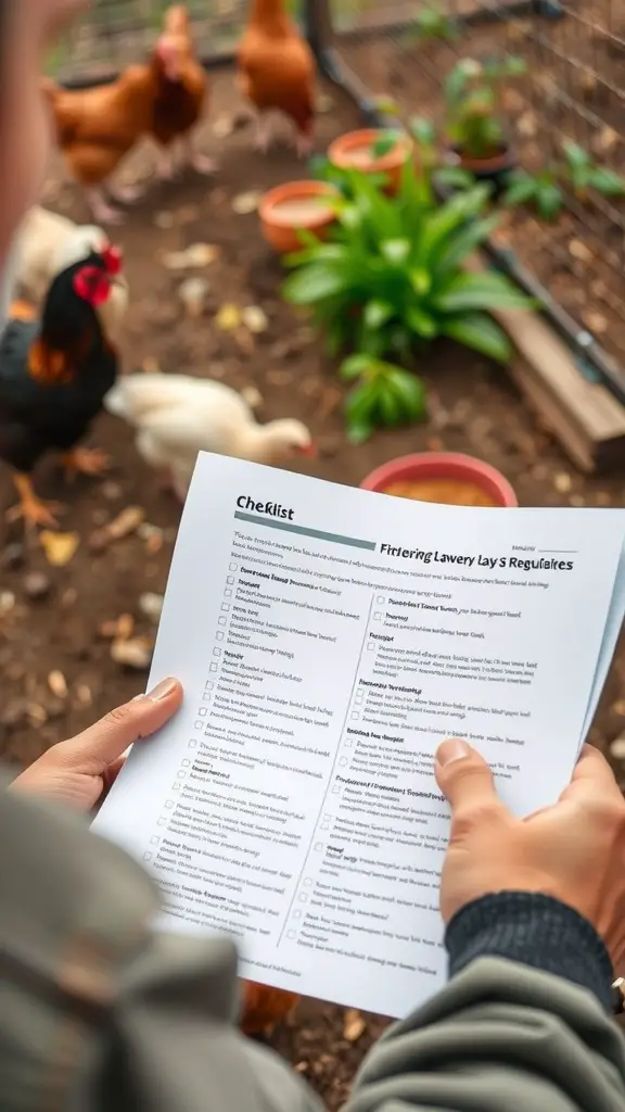 A person holding a checklist while looking at chickens in a fenced area.