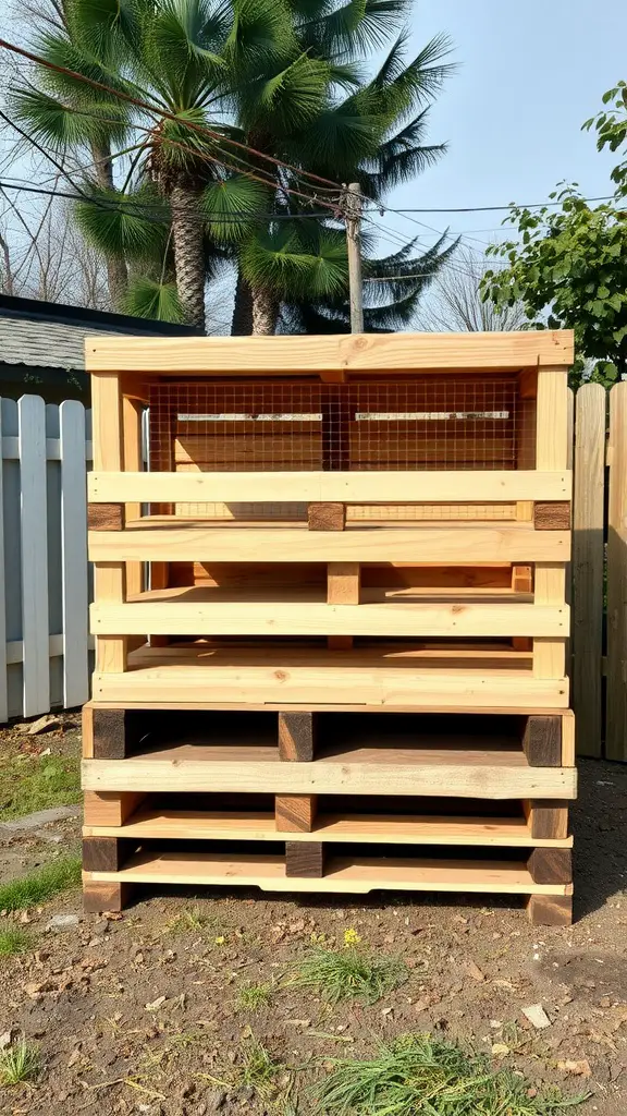 A chicken run structure made from recycled wooden pallets, showing a simple design with open slats and wire mesh.