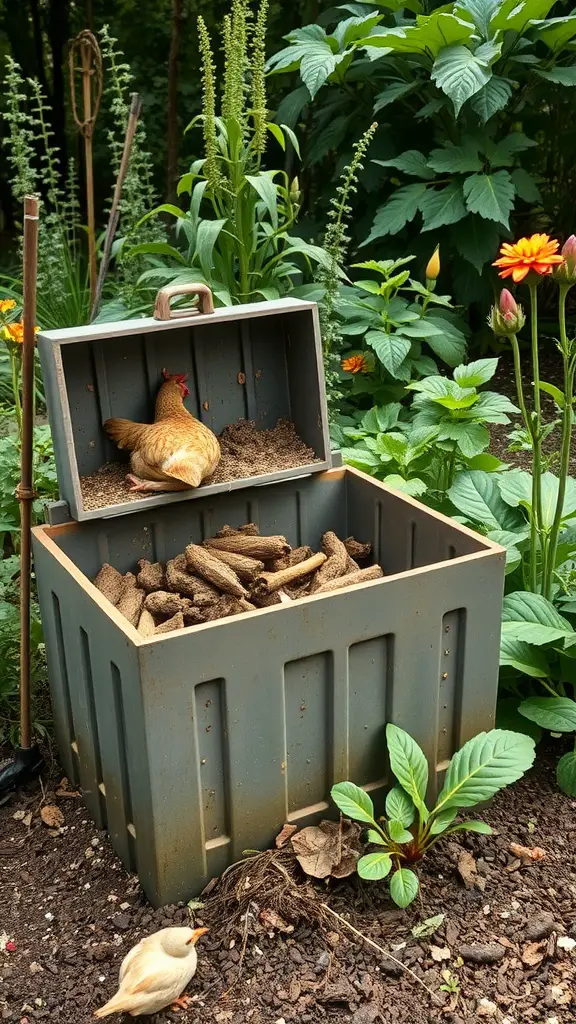 A chicken sitting on a composting box filled with straw and manure in a lush garden