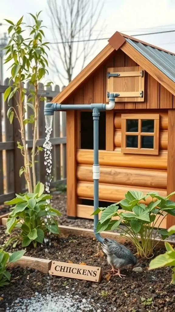 A chicken coop with a watering system and garden plants surrounding it.