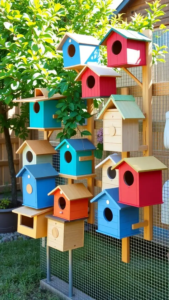 Colorful hanging chicken nesting boxes in a garden