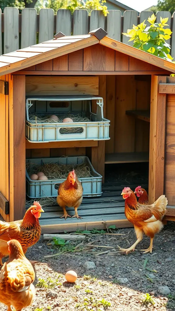 A chicken coop featuring milk crate nesting boxes filled with hay and eggs, surrounded by chickens.