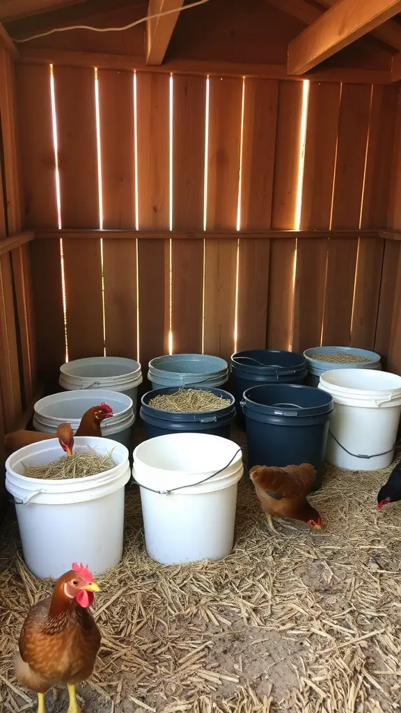 Chickens in a coop with 5-gallon buckets used as nesting boxes filled with straw.