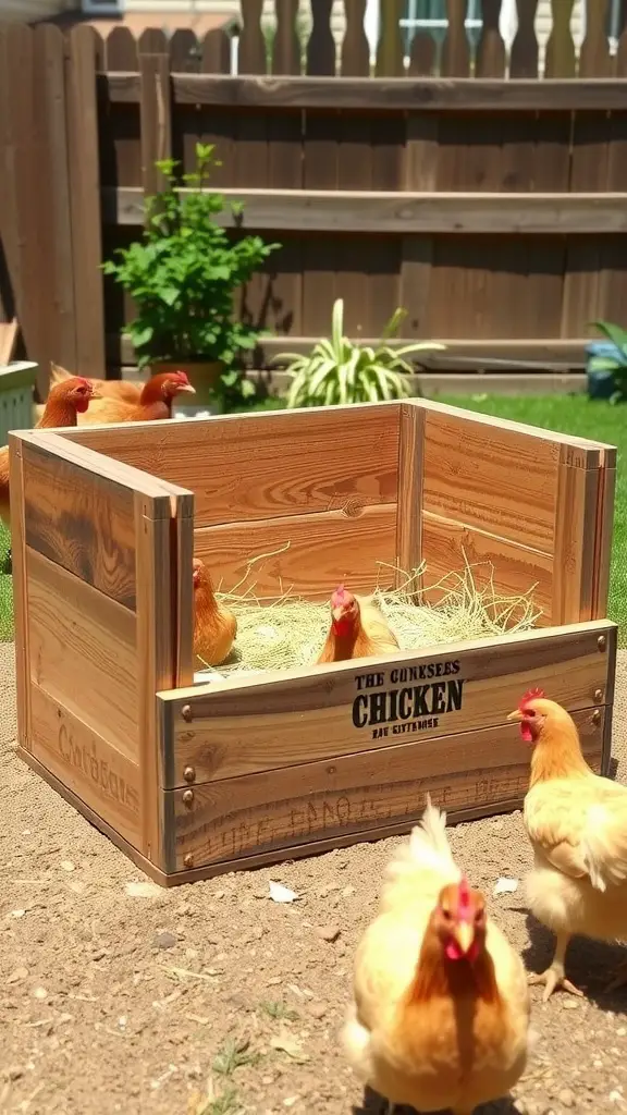 Wooden crate nesting box for chickens with hens around it