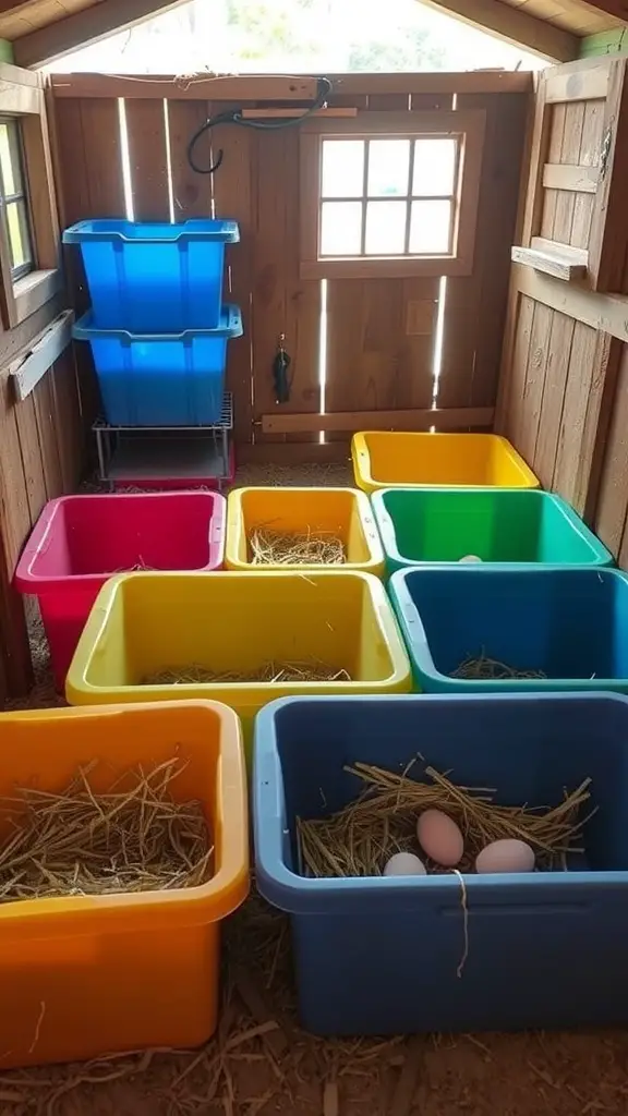 Colorful plastic storage bins used as nesting boxes for chickens, arranged inside a wooden coop.
