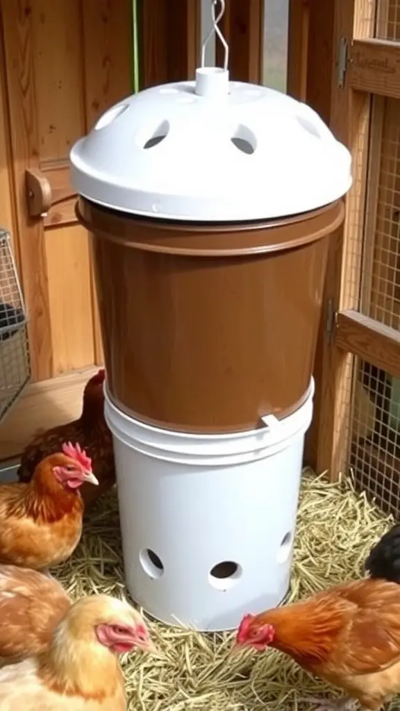 A 5-gallon bucket chicken feeder with chickens nearby.
