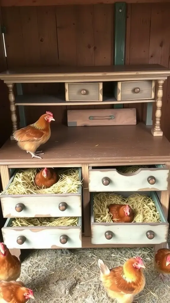 A repurposed dresser with drawers used as nesting boxes for chickens, with hens inside and around.