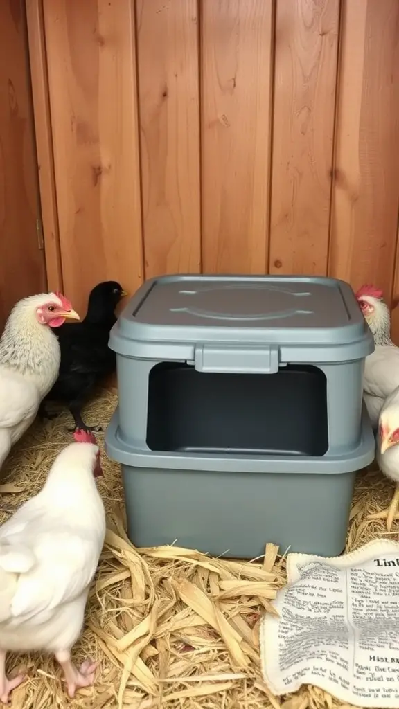 A covered box in a chicken coop with several chickens nearby.