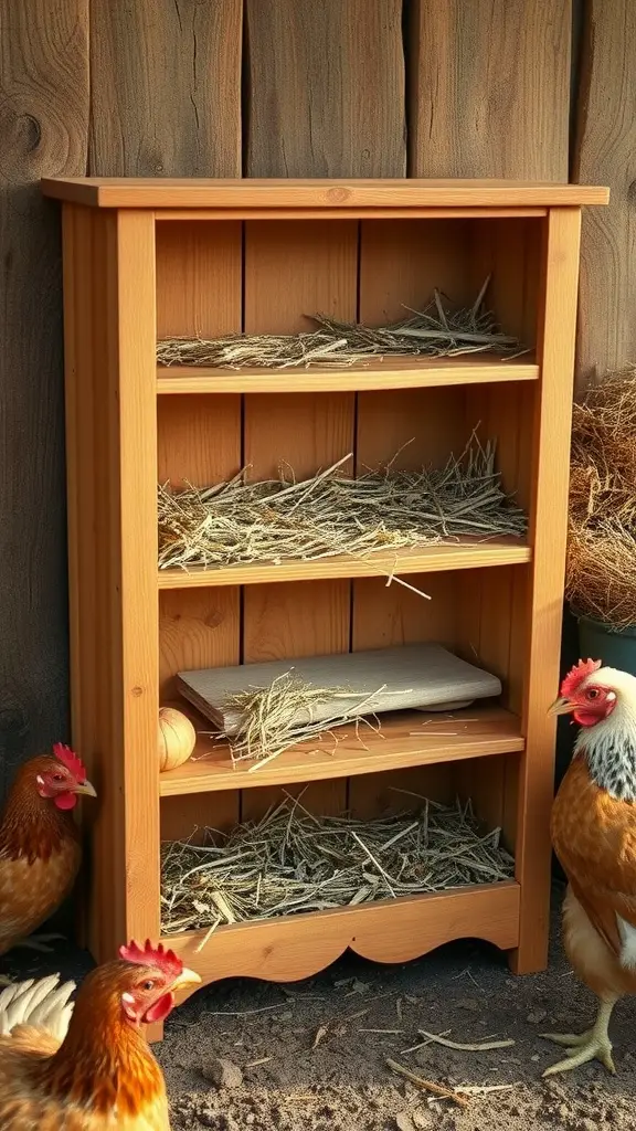 A wooden bookshelf with compartments filled with straw, surrounded by chickens.