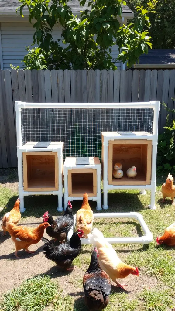 PVC pipe frame nesting boxes for chickens with several hens around