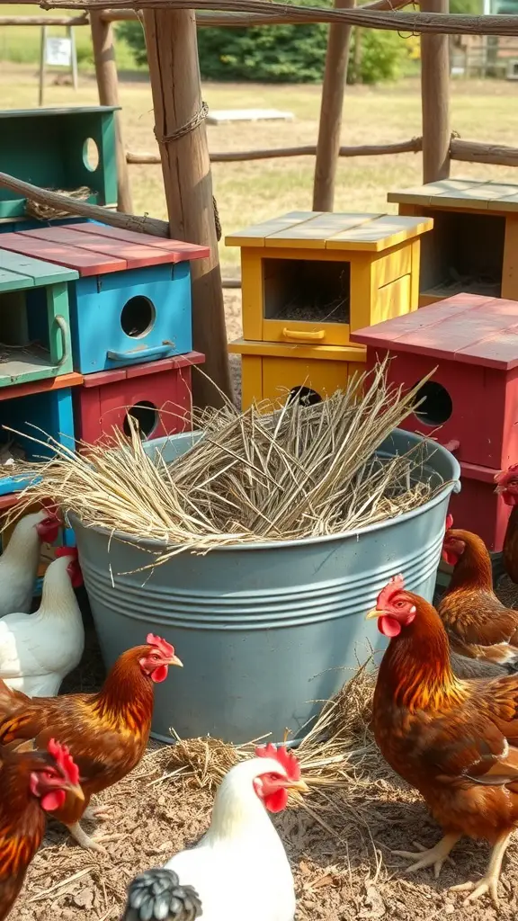 Colorful nesting boxes and a vintage metal tub filled with straw in a chicken coop.