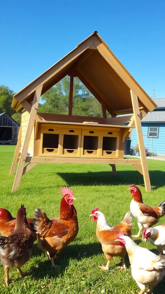 A-frame chicken tractor with nesting boxes and chickens in a grassy area.