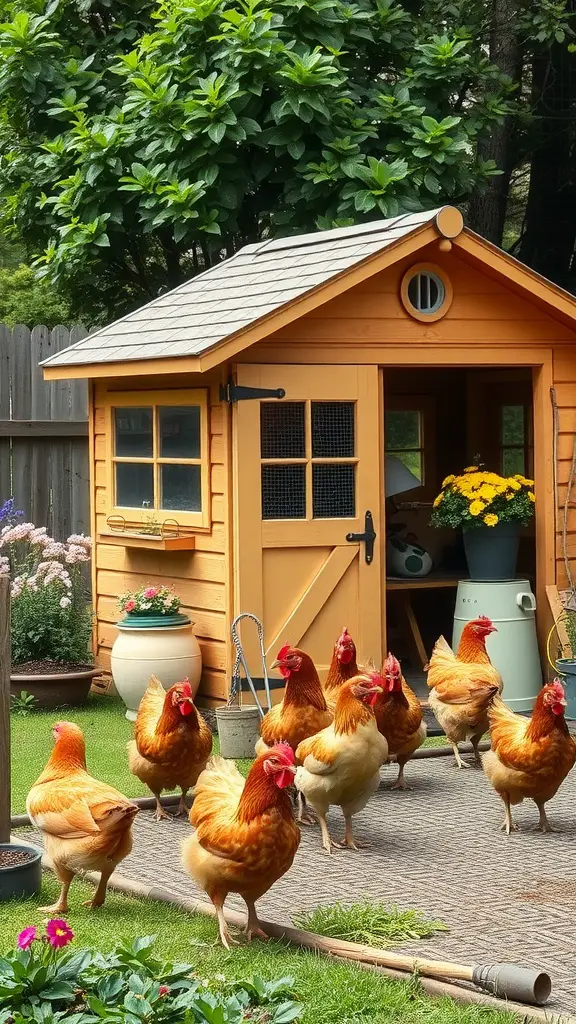 A backyard hen house with a run, featuring a bright orange coop and a group of chickens exploring the area.