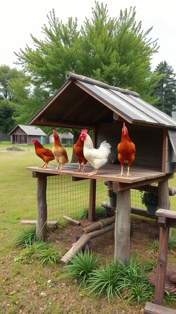 Chickens on a single bar roost in a backyard setting