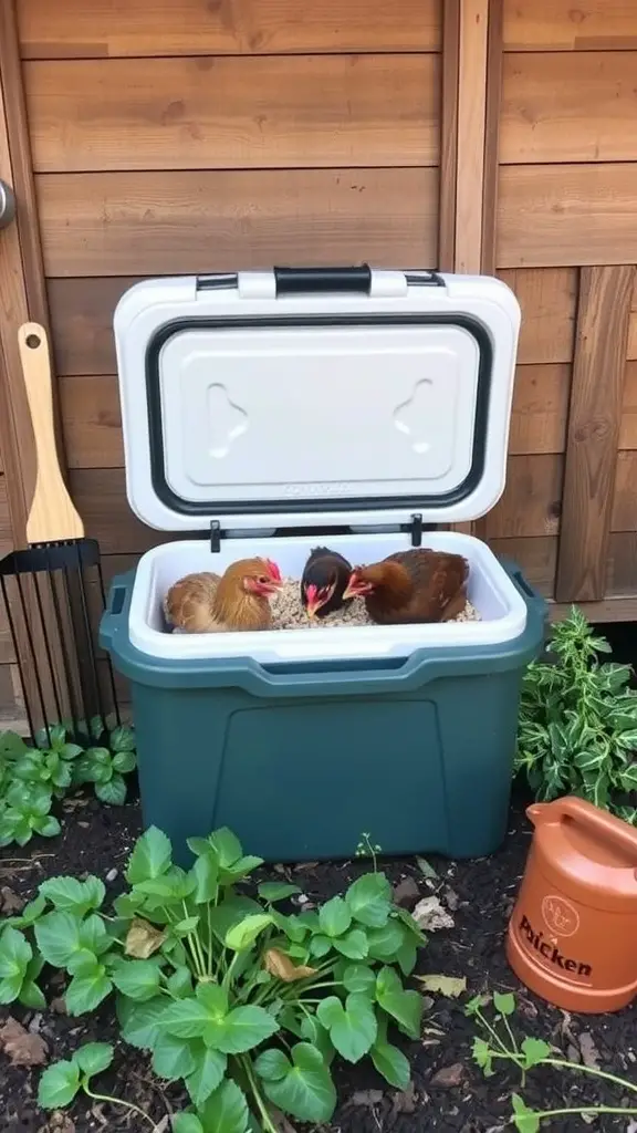 Two chickens feeding from a camping cooler in a garden.