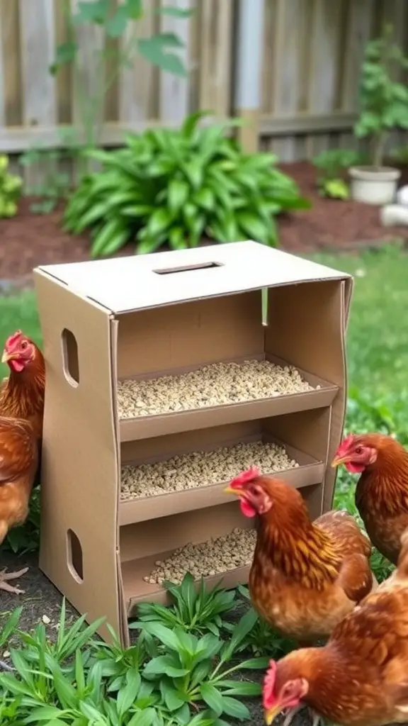 DIY cardboard chicken feeder with chickens around it